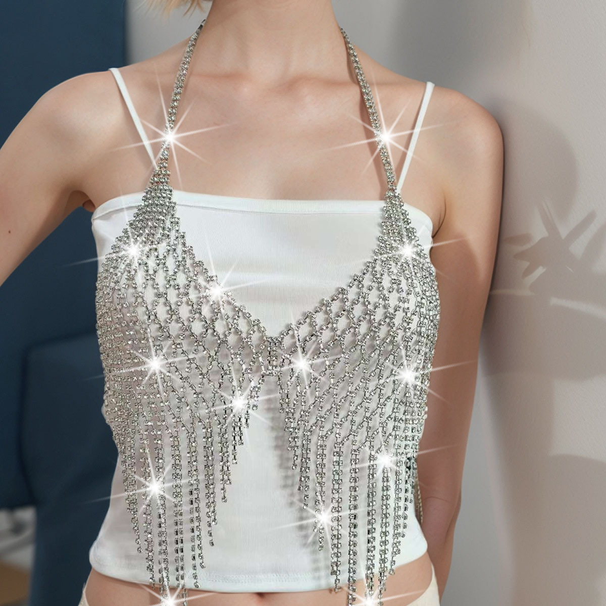European and American Cross-border Geometric Rhinestone Mesh Tassel Body Chain Sexy Nightclub Exaggerated Flash Diamond Bra Sexy Clothing