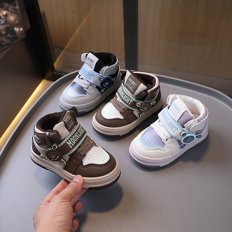 Children's Sports Shoes Sneakers 2025 Spring & Fall Boys' High-Top Basketball Shoes Female Baby Soft-Soled Velcro Bread Shoes