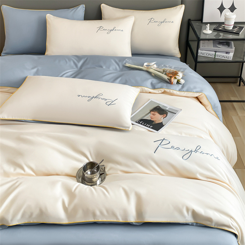 Picture of Solid color double four-piece set of style bed sheets home light luxury quilt cover washed cotton embroidered letter quilt cover three-piece set
