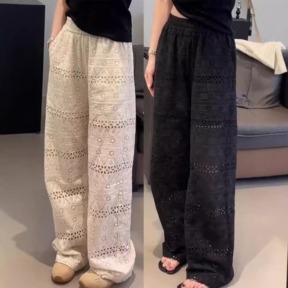 plus size Summer Thin High Waist Lace Hollow-out Wide-leg Pants Women's chubby girl Loose Slimming Casual Straight Pants