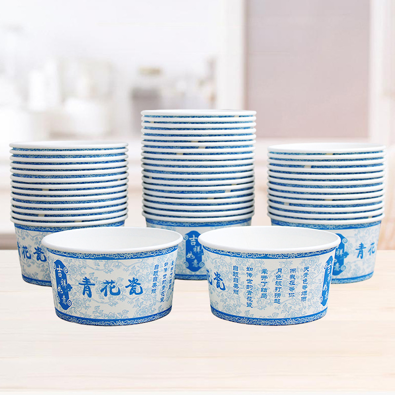 Disposable Paper Bowl Thickeneded Packaging Box Round Lunch Box Household Commercial Ramen Bowl Chinese Blue and White Porcelain Soup Noodle Rice Bowl