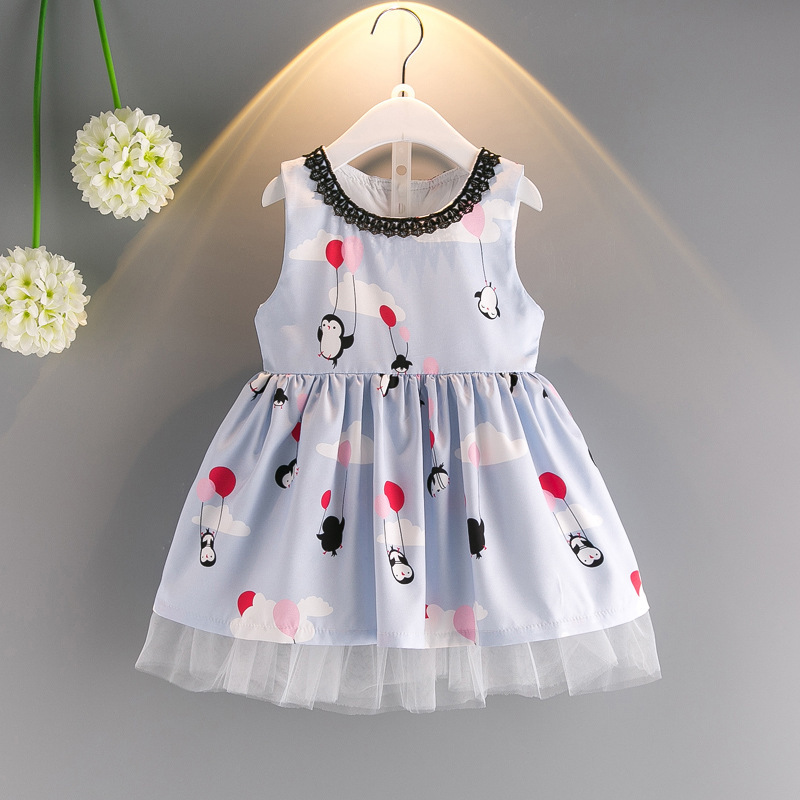 Girls 2025 Summer Korean Style New Children's Clothing Cartoon Little Penguin Girls Dress Mesh Hem Vest Skirt