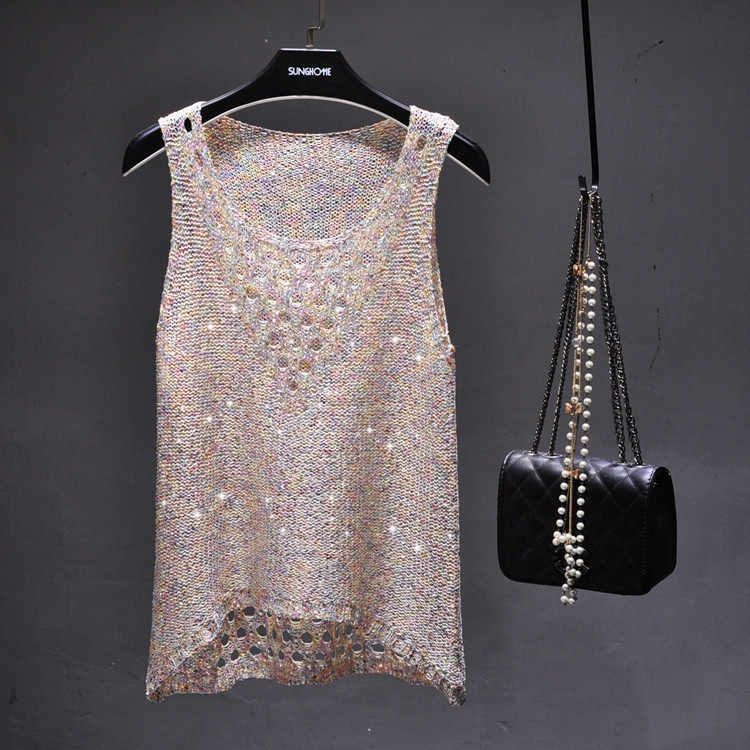 Picture of Summer New Beaded Sparkling Sequins Hollow Thin Sleeveless Sweater Front Short Back Long Vest T-shirt Top Women