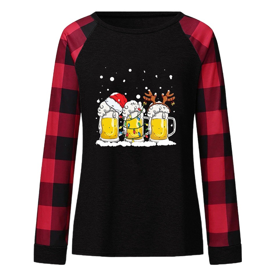 2021 Christmas New Arrival Women's Christmas Wine Glass Striped Prellis Sleeve Loose Pullover Long Sleeve T-shirt