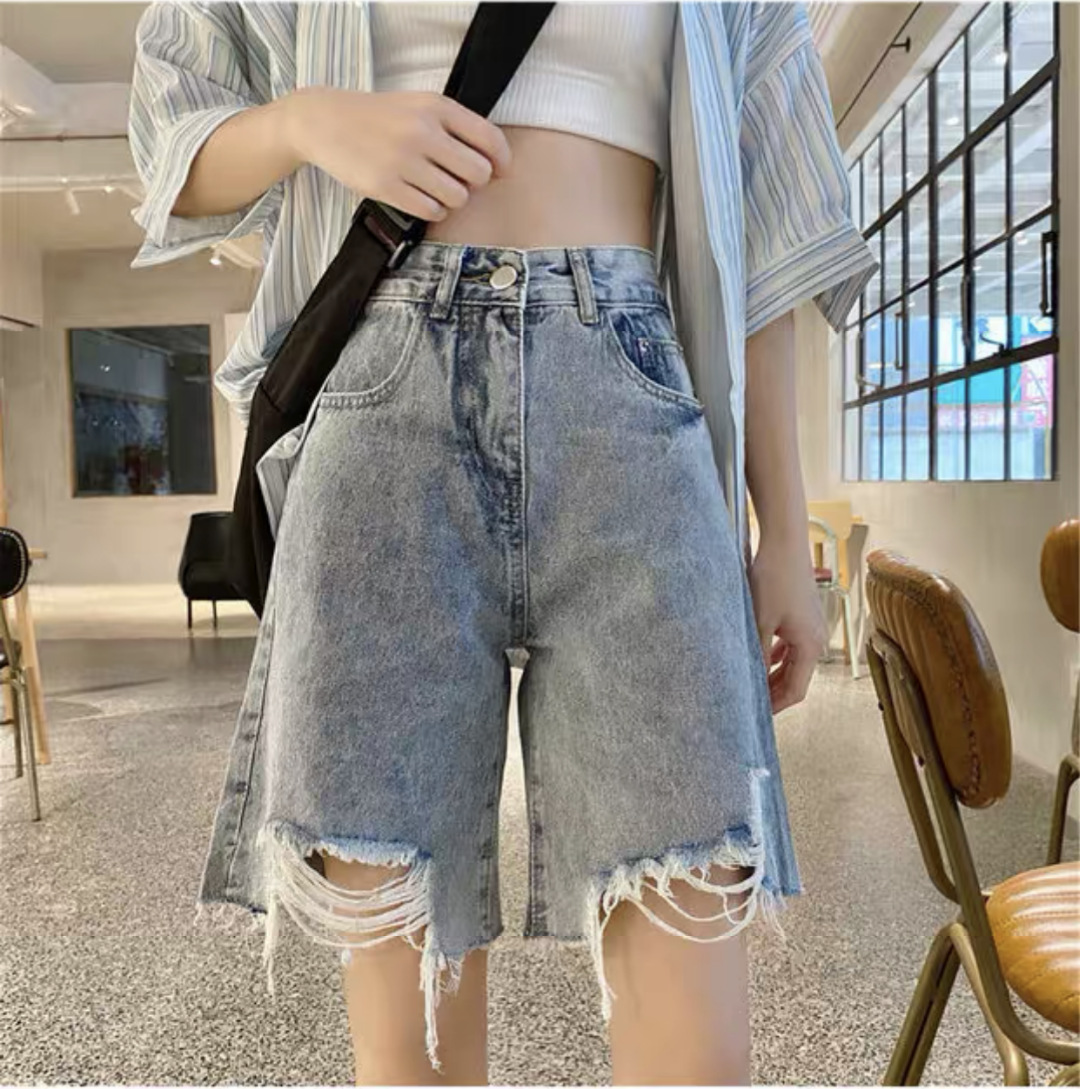 Women's 2021 New Denim Shorts Pants Women's Summer Loose Ripped High Waist Rapped Straight Leg Wide Leg Pants
