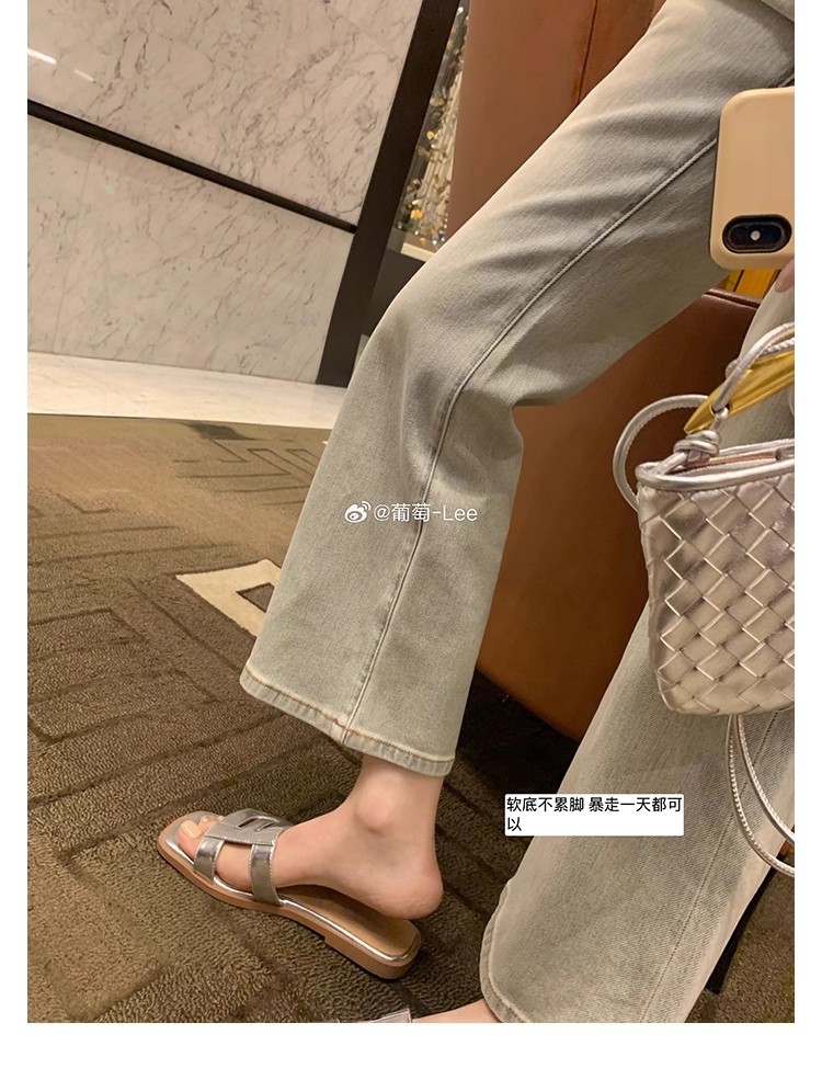 Picture of Grape Mom's Same Style Cut Out Slimming Look Square Toe Soft Sole Versatile Flats Bottom One-Line Beach Outer Wear Genuine Leather Slippers for Women Summer