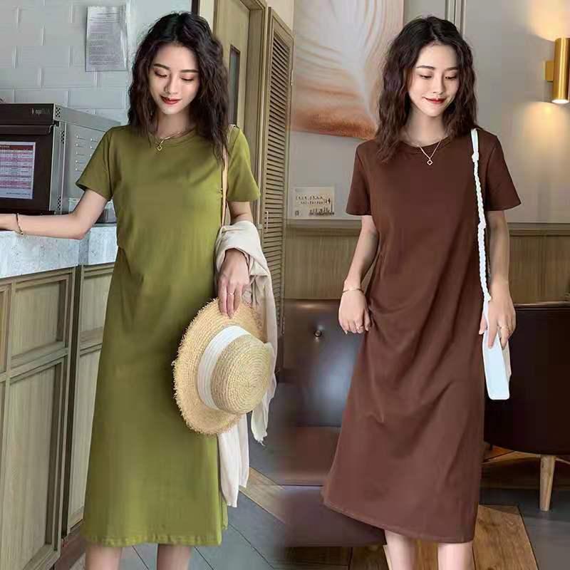 2025 New Summer Mid-Length T-Shirt Loose Slimming Look Over-The-Knee Short-Sleeved Avocado Green Dress