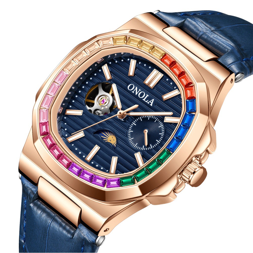 Live Broadcast Popular Sun, Moon, Stars and Morning Cut Out Rainbow Diamond Watch Men's Onola Orona Cowhide Band Waterproof Mechanical Watch