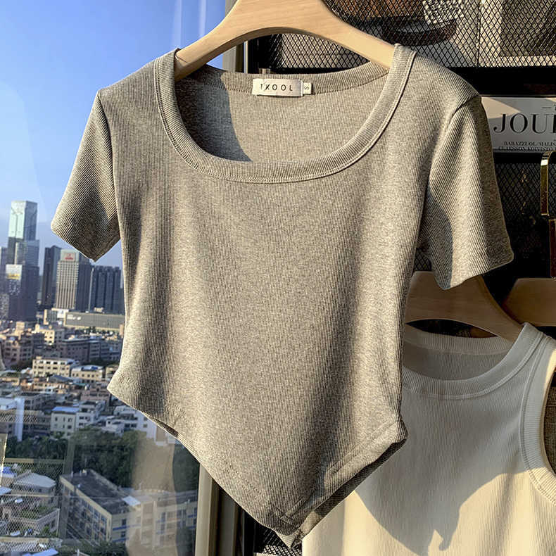 Sweet Cool Fried Street Square Collar Irregular Hem Shoulder Short-sleeved T-shirt Women's Summer New Western-style Slim-fit All-match Top