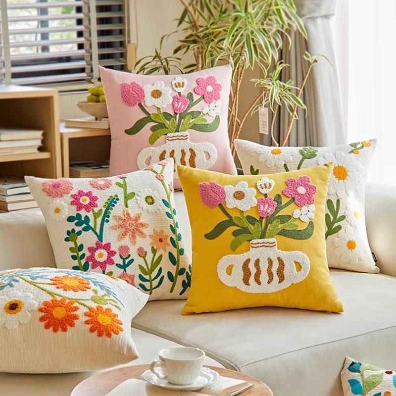 French Tulip Pillow, Living Room Pillow, American Sofa Cushion, Flower Bay Window Pillow Cover, Embroidery Process