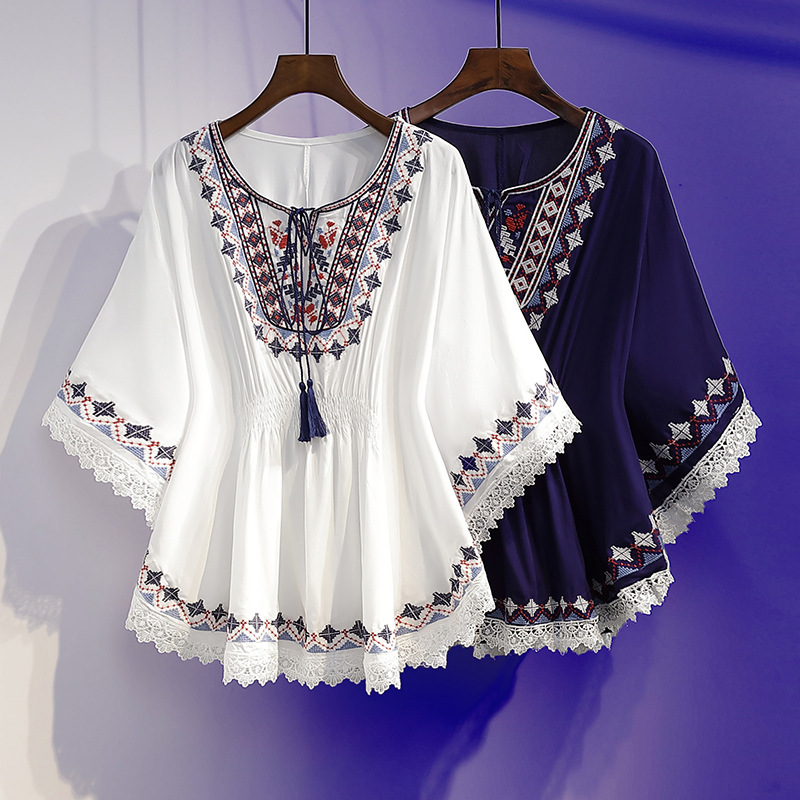 Picture of Summer fashion retro slimming top women's clothing fashionable age-reducing printed half sleeve round neck chiffon shirt top women's clothing