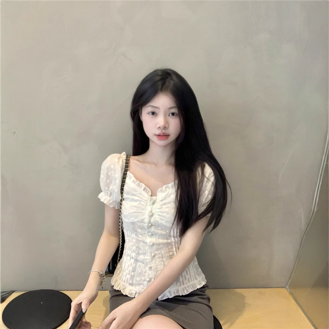 Korean Style Versatile Hollow Lace Trim Slim Fit Slimming Small Flutter Sleeve T-Shirt Pure Desire Style Sexy Niche Top