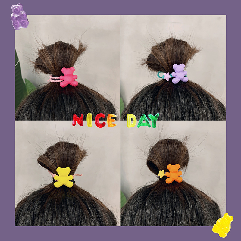 Picture of Ins Colorful Bear Hair Rope Cute Candy Color Frosted Hair Ring Girl's Hair Rope South Korea Ball Head Rubber Band Hair Accessories