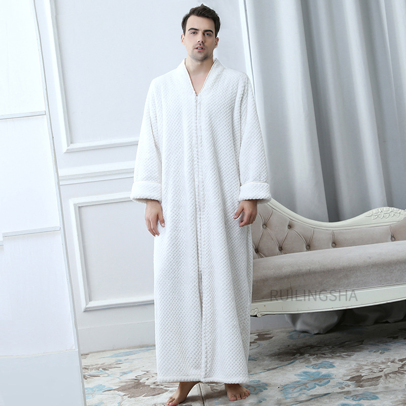 Picture of Couple Autumn and Winter Thickeneded Warm Flannel Nightgown Women's Long Men's Large Size Coral Velvet Bathrobe Zipper Pajama Dress
