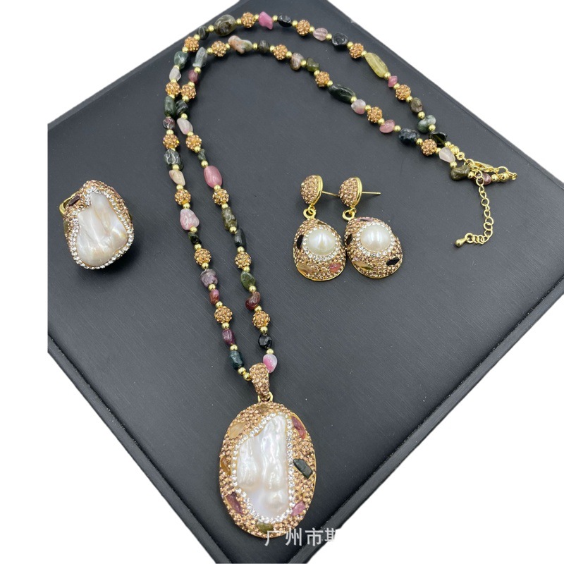Baroque pearl tourmaline suit natural freshwater shaped pearl sweater chain high-grade handmade inlay three-piece set
