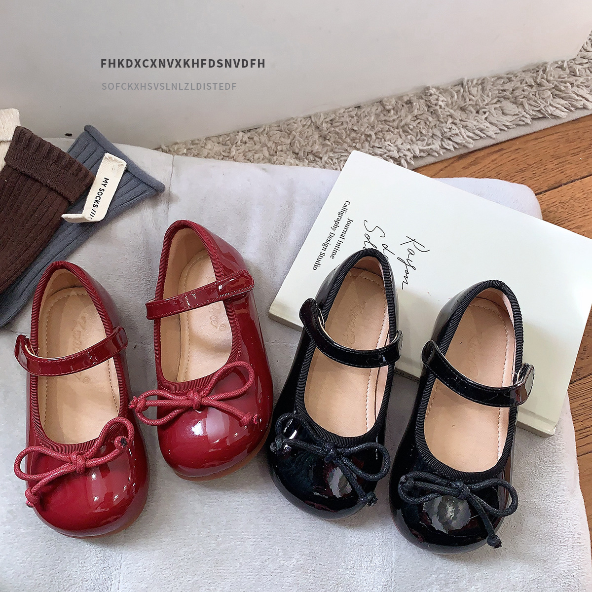 Red Bow High Color Value Children's Shoes Children's Shallow Mouth Girls Leather Shoes Baby Princess Shoes Children's Single-layer Shoes with Soft Sole
