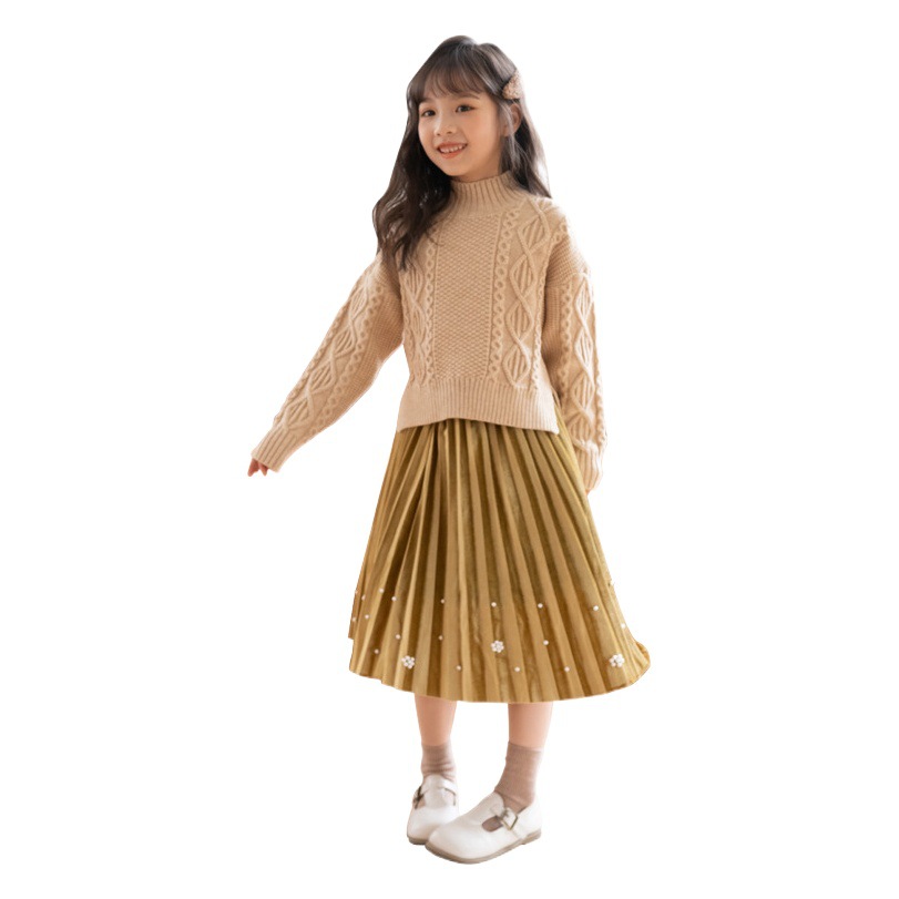 Girls' Autumn Velvet Skirt Autumn and Winter New Large Children A- Line Skirt Girl's Stylish Princess Skirt Pleated Skirt
