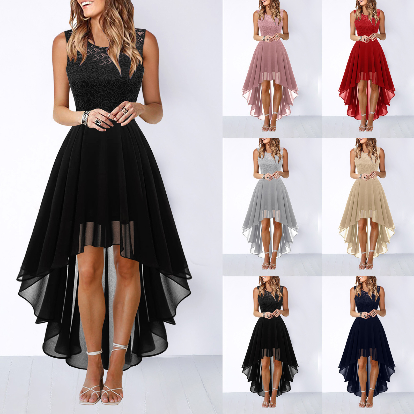 Amazon AliExpress New Sexy Lace Stitching Large Swing Chiffon Tuxedo Dress Dinner dress