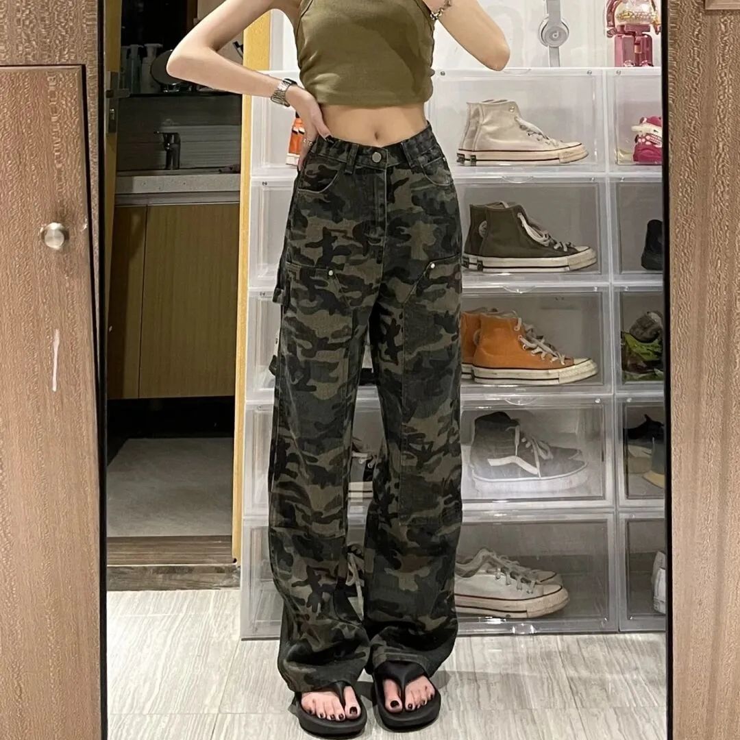 Picture of Army Green Camouflage Jeans for Women 2025 Spring and Autum Ins High Street New Loose K-Style Slimming Look Straight Wide Legs