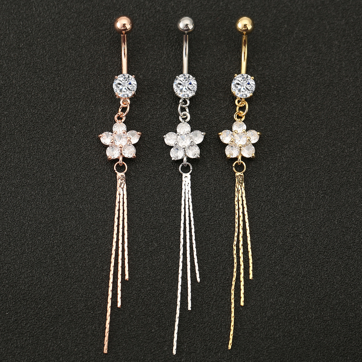 in stock New Fashionable Distinctive Stainless Steel Navel Ring Zircon Flower Tassel Long Human Body Piercing Navel Nail
