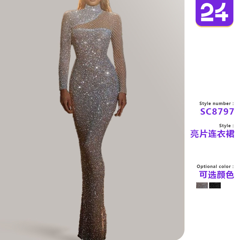 2025 New Cross-border European and American Women's Clothing Independent Station dress Hollow Shoulder Strapless Slim-fit Mesh Sequin Dress
