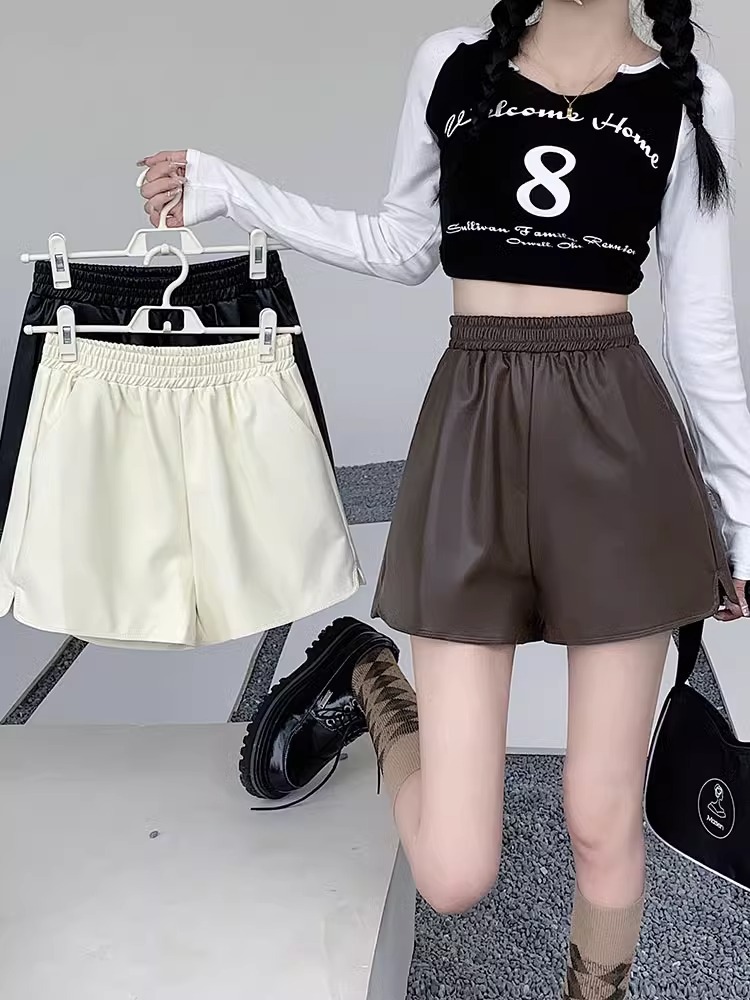 pu leather shorts women's autumn and winter 2023 new high waist slimming boots pants a wide leg pants bottoming outer wear casual pants