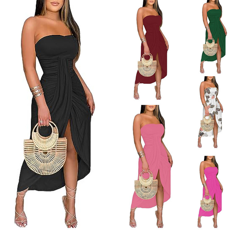Amazon Cross-border Women's Shoulderless Pleated High Waist Wrap Split Beach Long Dress European and American New Fashion