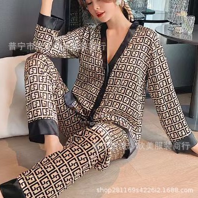 Designer Pajamas ice silk Pajamas women's long sleeve V-neck cardigan imitation silk lapel home suit