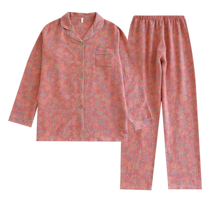 23 new yarn-dyed cotton pajamas women's spring and autumn lapel rose flower double-layer cotton yarn long sleeve home wear suit wholesale