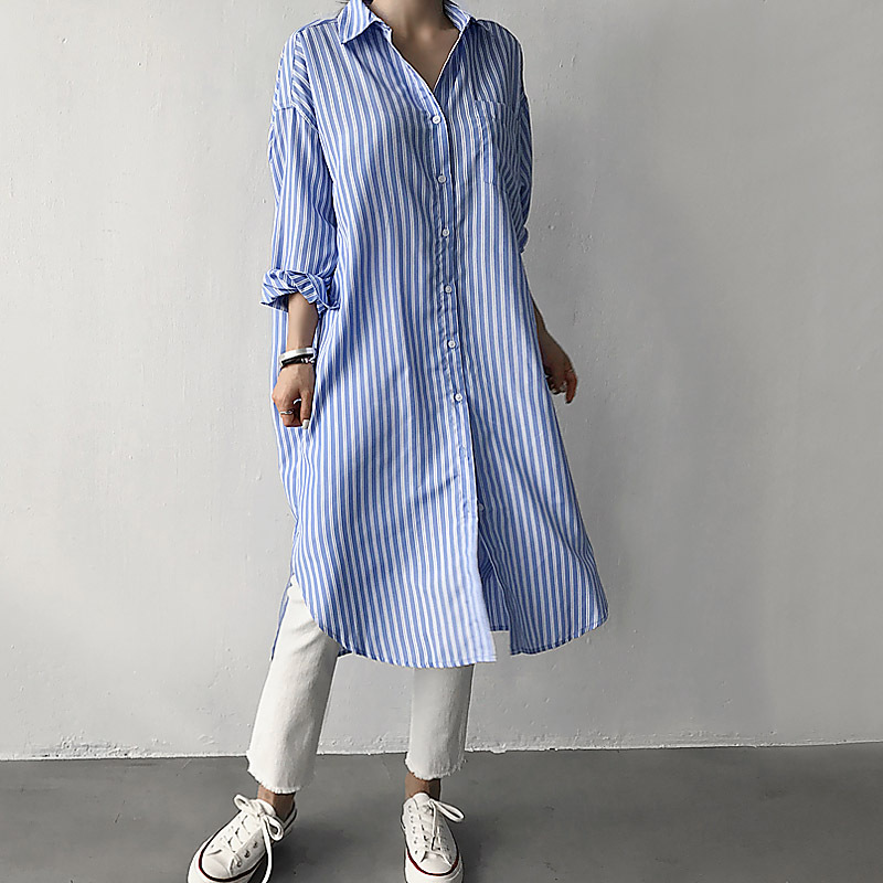 Picture of 2022 early autumn lazy cold wind long striped shirt dress loose plus size women's Korean striped long lining