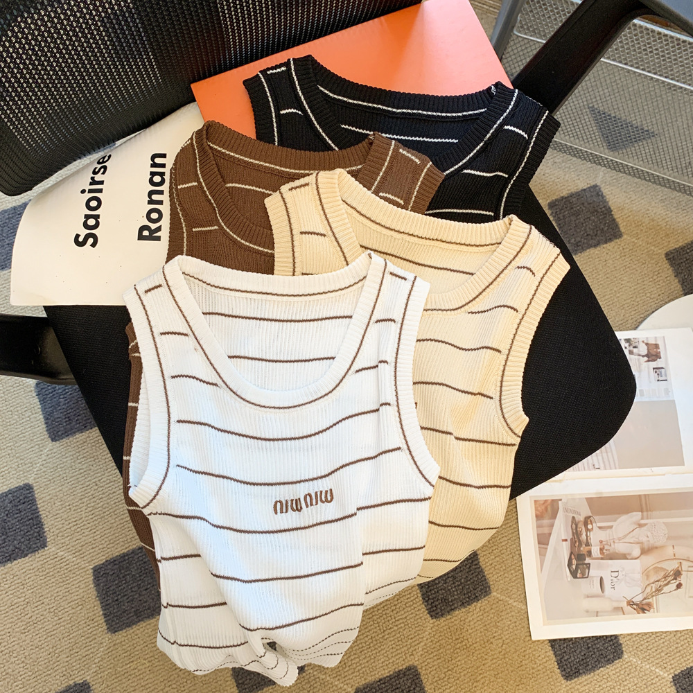 Real Shot South Korea Letter Embroidered Striped Vest Women's Early Spring New Korean-style Foreign-style Slim-fit Slimming Beautiful Back Short Top