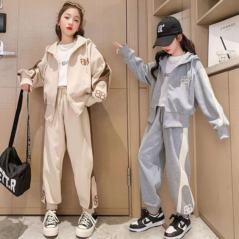 Girls' Spring and Autumn Outfit 2024 New Fall Collection for Older Girls, Internet Celebrity Popular Hooded Jacket Children's Clothing