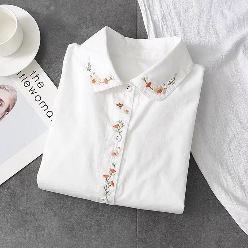 Foreign Trade Little Red Book Spring New Artistic Fresh Style Plum Blossom Embroidered Cotton White Shirt Women's Long-sleeved Student Commuter