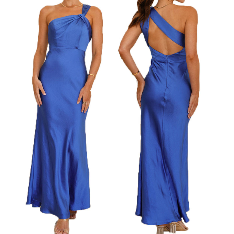 2025 Amazon cross-border European and American women's sexy backless neck dress slim sleeveless blue dress wholesale