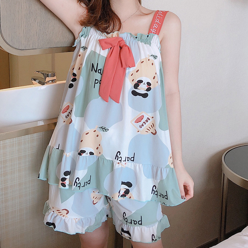 Summer new vest strap pajamas cartoon milk silk bow fresh girl casual suit factory wholesale