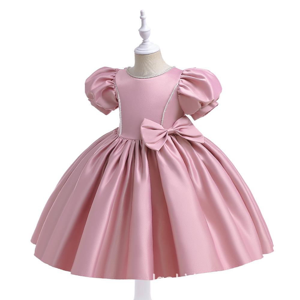 Foreign Trade Girl's Dress Princess Dress Summer New Puff Sleeve Satin Big Bow Tutu Dress Sweet Performance Dress