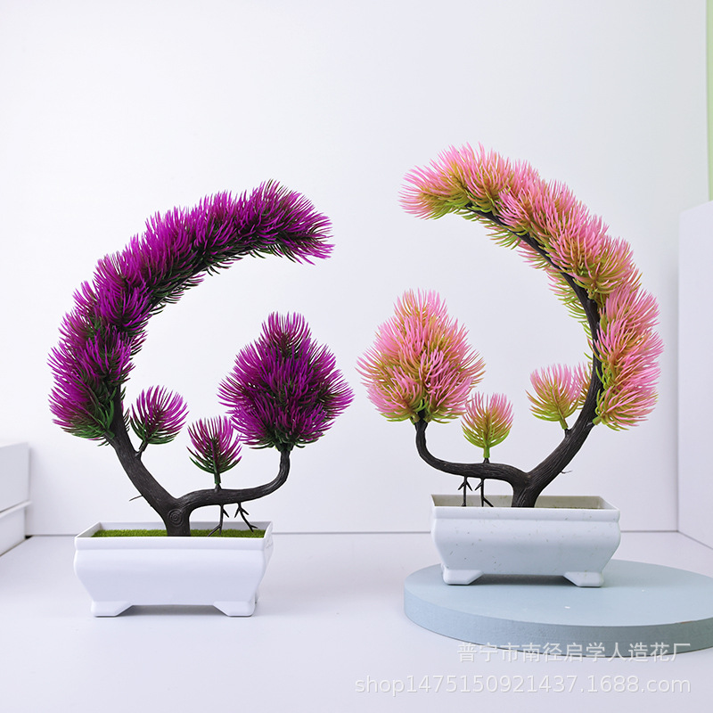 Artificial welcome pine decoration plastic artificial flower bonsai indoor artificial pine green plant pot living room decoration