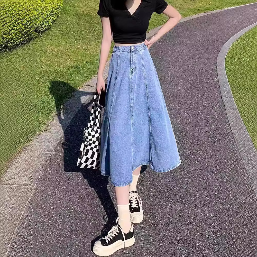 Skirt Women's Denim Skirt A- line High Waist Slimming Mid-length Umbrella Skirt Casual Summer All-match Elasto Pleated Skirt
