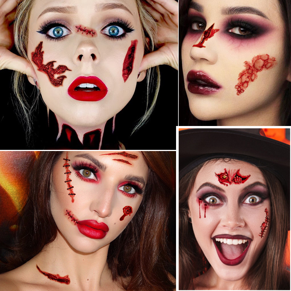 Picture of 21 New Halloween Scar Tattoo Body Sticker Waterproof Sweat Horrible Bloody Wound Scar Makeup Party Temporary Face Sticker