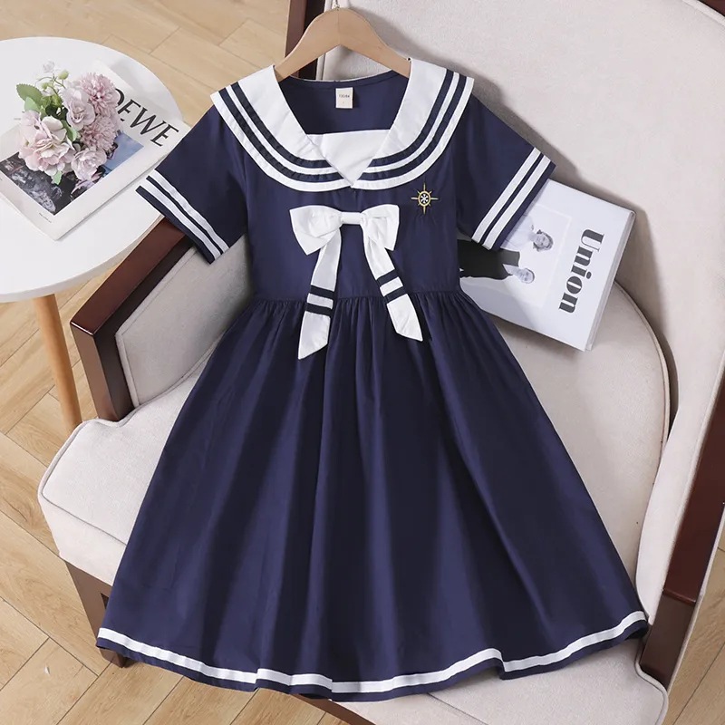 Girls dress Summer Children's New Short-sleeved College Style Summer Thin Navy Collar Skirt
