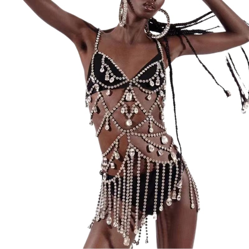 Europe and the United States cross-border bra underwear integrated chain set exaggerated clothing rhinestone nightclub accessories flash diamond tassel body chain