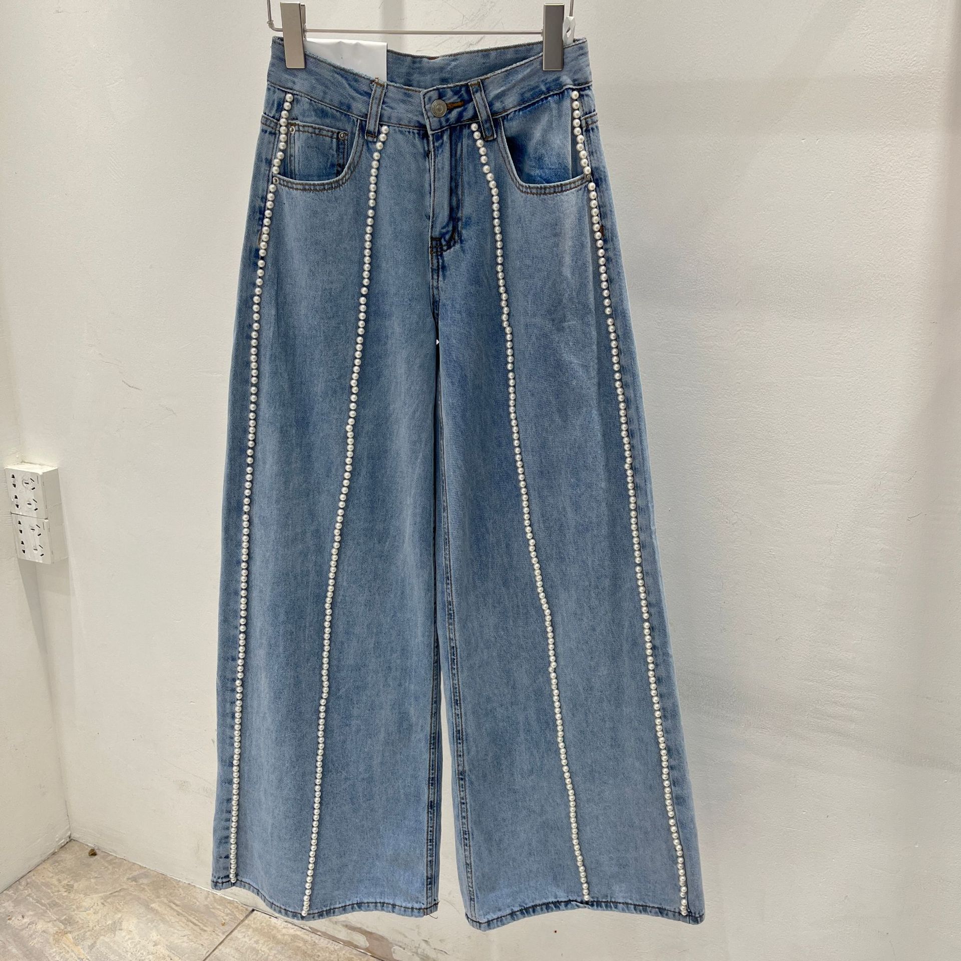 European Station 2024 Spring and Summer New Korean Style Loose High Waist Slimming Pearl Wide Leg Light Color Trailing Jeans for Women