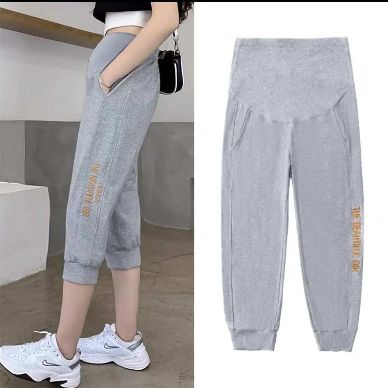 Picture of Pregnant Women's Summer Fashion Outer Wear plus size Belly-supporting Leggings Women's Pregnant Women's Pants Spring and Summer Thin Cotton Cropped Sports Pants