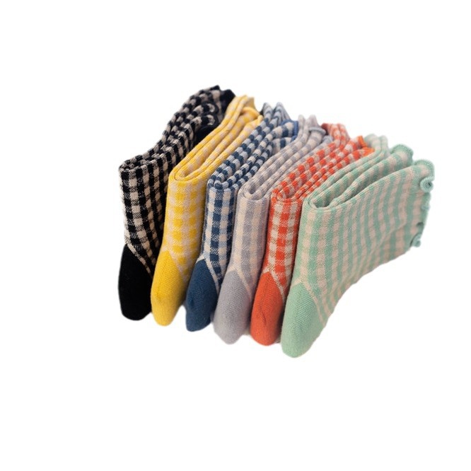 Picture of Women's Fungus-Edged Socks with Rolled Edges, Small Plaid Women's Socks, Casual Loose Cotton Socks, Cotton Short Socks, Zhuji Socks