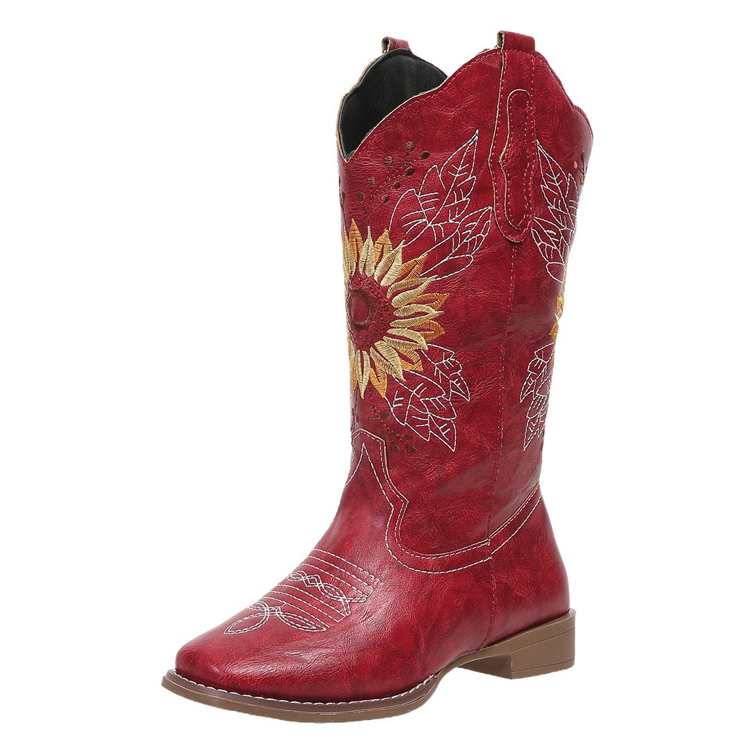 Juhiti Spot Export Women's Retro Boots 2023 Autumn and Winter New European and American Export Thick Heel Large Size Embroidered Boots