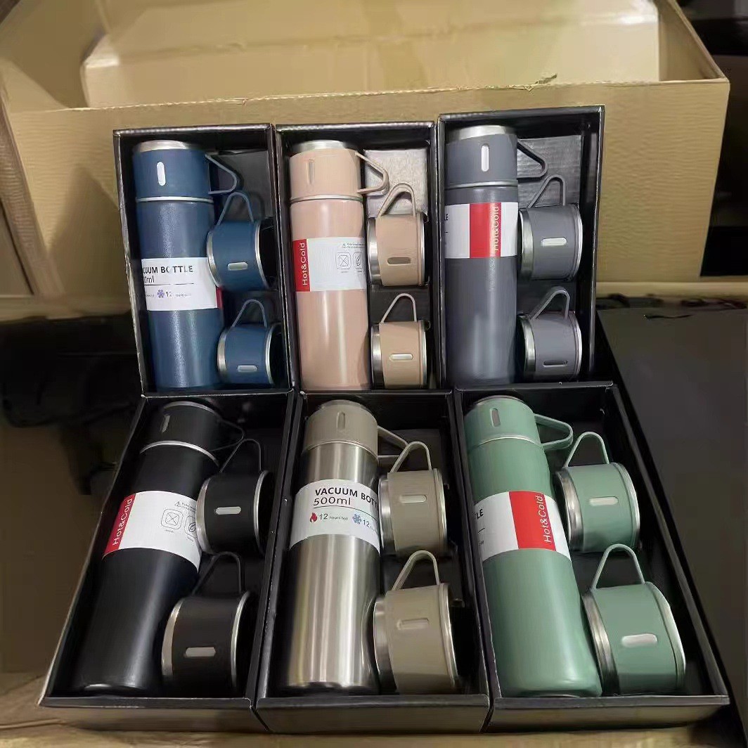 Picture of One Cup Three Lid Thermos Portable Fashion in stock Business Event Gift Box suit Stainless Steel Cup Engraving Logo