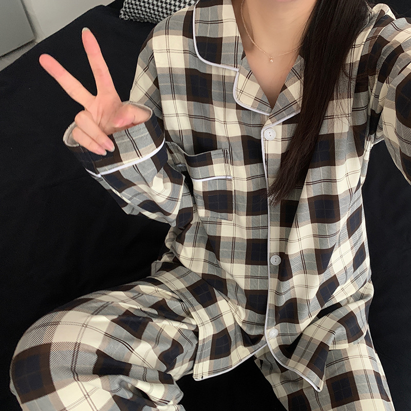Picture of New Ins Pajamas for Women Simple Stripesd Internet Celebrity Long-Sleeved Cardigan Girl Korean Version Thin Home Wear Set Wholesale