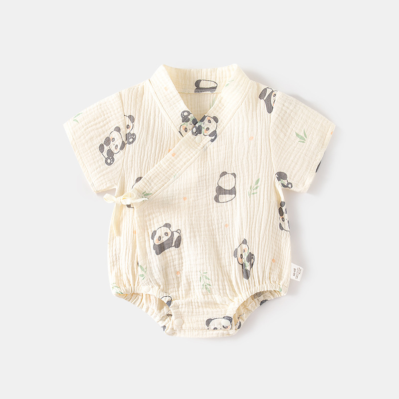 Baby Wrap Fart Clothes Summer Thin Baby Triangle Climbing Clothes Double-Layer Pure Cotton Gauze Short-Sleeved Jumpsuit for Newborns