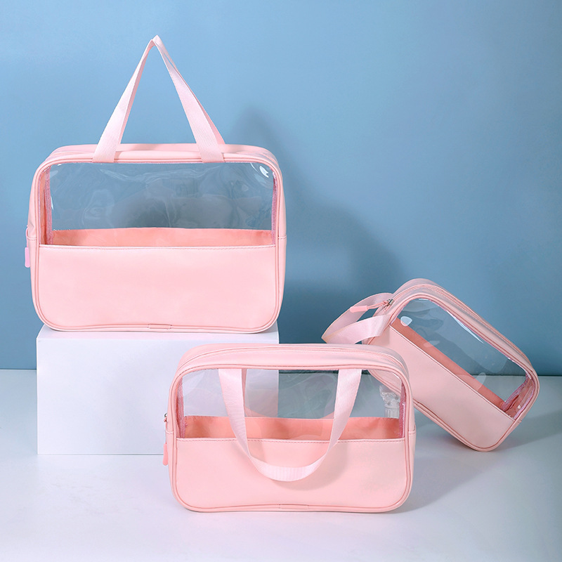 New Simple Translucent Satchel Cosmetic Bag Spliced Pvc Toiletry Bag Pu Beach Waterproof Cosmetics Bag
