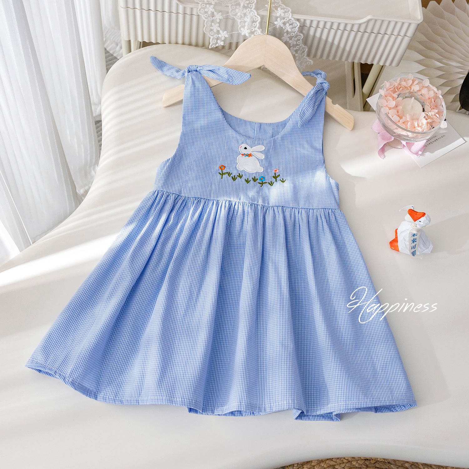 Girl's Pastoral Style Plaid Dress Summer New Arrival Rabbit Embroidered Bow Slip Skirt Baby's Summer Dress